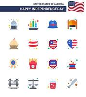 16 USA Flat Signs Independence Day Celebration Symbols of muffin cake cap entrance saloon Editable USA Day Vector Design Elements