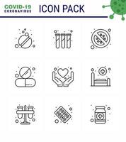 Coronavirus Precaution Tips icon for healthcare guidelines presentation 9 Line icon pack such as pill drug bacteria capsule scientist viral coronavirus 2019nov disease Vector Design Elements