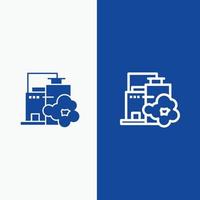 Factory Industry Landscape Pollution Line and Glyph Solid icon Blue banner Line and Glyph Solid icon Blue banner