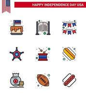 paquete de 9 líneas creativas llenas planas relacionadas con el día de la independencia de EE. UU. De decoración de guirnaldas del día de los hombres estrella elementos de diseño vectorial del día de EE. UU. vector