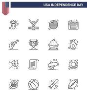 paquete de iconos de vector de stock de día americano 16 signos y símbolos de línea para silla arma bandera película de mano elementos de diseño de vector de día de estados unidos editables