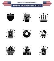 Pack of 9 USA Independence Day Celebration Solid Glyphs Signs and 4th July Symbols such as round liquid candle hip drink Editable USA Day Vector Design Elements