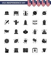USA Independence Day Solid Glyph Set of 25 USA Pictograms of burger states landmark baseball washington Editable USA Day Vector Design Elements