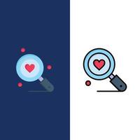 buscar amor corazón boda iconos plano y línea llena conjunto de iconos vector fondo azul