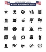 25 USA Solid Glyph Pack of Independence Day Signs and Symbols of declaration bottle donut american drink Editable USA Day Vector Design Elements