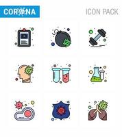 corona virus 2019 y 2020 epidemia 9 línea llena paquete de iconos de color plano como prueba cerebro gimnasio virus gripe coronavirus viral 2019nov enfermedad vector elementos de diseño