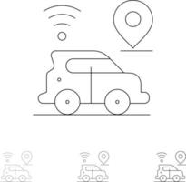 conjunto de iconos de línea negra fina y audaz de tecnología de mapa de ubicación de coche vector