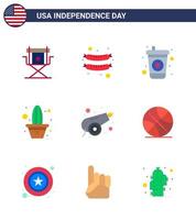 9 USA Flat Signs Independence Day Celebration Symbols of war army beverage pot flower Editable USA Day Vector Design Elements