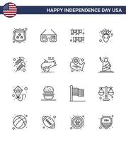 conjunto moderno de 16 líneas y símbolos en el día de la independencia de estados unidos, como el fuego, el día de acción de gracias, el día americano, la fiesta nativa americana, los elementos de diseño vectorial editables del día de estados unidos vector