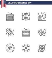 Pack of 9 USA Independence Day Celebration Lines Signs and 4th July Symbols such as drum american garland cream american Editable USA Day Vector Design Elements