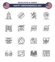 Pack of 16 USA Independence Day Celebration Lines Signs and 4th July Symbols such as saloon door fire sign location Editable USA Day Vector Design Elements