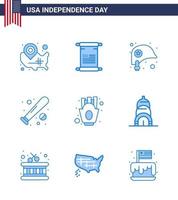 9 signos azules de estados unidos celebración del día de la independencia símbolos de estados unidos murciélago estrella de béisbol de estados unidos elementos de diseño de vector de día de estados unidos editables