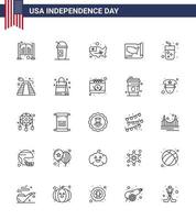 Happy Independence Day 4th July Set of 25 Lines American Pictograph of american juice states drink usa Editable USA Day Vector Design Elements