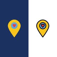 iconos de puntero de mapa de ubicación del corazón plano y conjunto de iconos rellenos de línea vector fondo azul