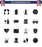 4th July USA Happy Independence Day Icon Symbols Group of 16 Modern Solid Glyphs of american play independece movis usa Editable USA Day Vector Design Elements
