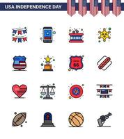 Paquete de 16 líneas llenas planas de EE. UU. De signos y símbolos del día de la independencia de escudo, policía, palos militares móviles, elementos de diseño vectorial editables del día de EE. UU. vector