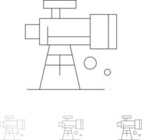 conjunto de iconos de línea negra en negrita y delgada de telescopio espacial de alcance de astronomía vector