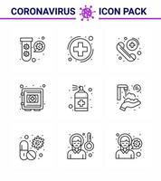 conjunto de iconos de prevención de coronavirus icono de 9 líneas, como el signo de protección de la caja de seguridad, atención médica, coronavirus viral 2019nov, elementos de diseño de vectores de enfermedades