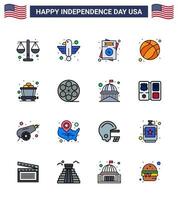 Happy Independence Day USA Pack of 16 Creative Flat Filled Lines of cart football state ball wedding Editable USA Day Vector Design Elements