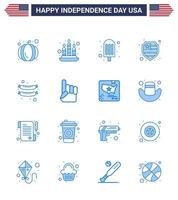 USA Happy Independence DayPictogram Set of 16 Simple Blues of usa foam hand ice cream sausage food Editable USA Day Vector Design Elements