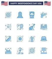 Big Pack of 16 USA Happy Independence Day USA Vector Blues and Editable Symbols of match camping fastfood weapon security Editable USA Day Vector Design Elements