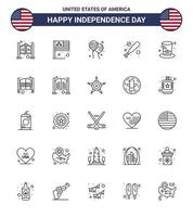 USA Independence Day Line Set of 25 USA Pictograms of presidents day bloon hardball baseball Editable USA Day Vector Design Elements