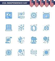 Set of 16 Vector Blues on 4th July USA Independence Day such as cap day garland date american Editable USA Day Vector Design Elements