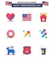 Set of 9 Modern Flats pack on USA Independence Day day religion fastfood fire work food Editable USA Day Vector Design Elements