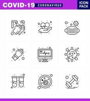 Covid19 icon set for infographic 9 Line pack such as reports medical electronics mask care hand viral coronavirus 2019nov disease Vector Design Elements