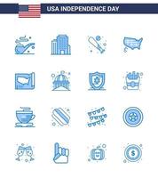 Group of 16 Blues Set for Independence day of United States of America such as landmark building bat usa states Editable USA Day Vector Design Elements