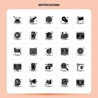 conjunto de iconos de 25 notificaciones sólidas diseño de estilo de glifo vectorial conjunto de iconos negros diseño de ideas de negocios web y móvil ilustración vectorial vector