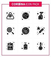 CORONAVIRUS 9 Solid Glyph Black Icon set on the theme of Corona epidemic contains icons such as glass scan virus epidemic virus spray viral coronavirus 2019nov disease Vector Design Elements