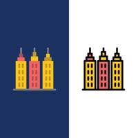 iconos de torre de construcción de edificios planos y llenos de línea conjunto de iconos vector fondo azul