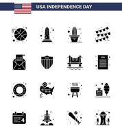 Happy Independence Day USA Pack of 16 Creative Solid Glyphs of greeting email cactus party bulb buntings Editable USA Day Vector Design Elements