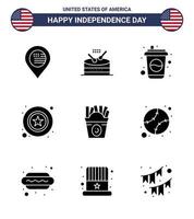 Solid Glyph Pack of 9 USA Independence Day Symbols of fastfood sign bottle star men Editable USA Day Vector Design Elements