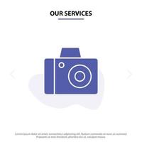 nuestros servicios cámara estudio fotográfico icono de glifo sólido plantilla de tarjeta web vector