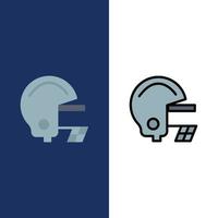 iconos de casco de fútbol americano planos y llenos de línea conjunto de iconos vector fondo azul