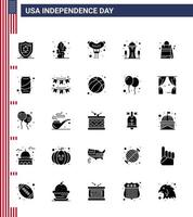 Group of 25 Solid Glyph Set for Independence day of United States of America such as american handbag frankfurter bag needle Editable USA Day Vector Design Elements