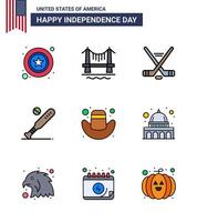 9 iconos creativos de ee.uu. signos de independencia modernos y símbolos del 4 de julio de los deportes americanos hokey bat ball elementos de diseño vectorial editables del día de ee.uu. vector