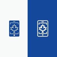 línea de hoja de canadá móvil y glifo icono sólido banner azul línea y glifo icono sólido banner azul vector