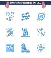 Happy Independence Day USA Pack of 9 Creative Blues of statue liberty star landmarks firework Editable USA Day Vector Design Elements