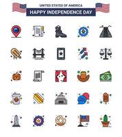 Happy Independence Day Pack of 25 Flat Filled Lines Signs and Symbols for american building boot badge celebration Editable USA Day Vector Design Elements