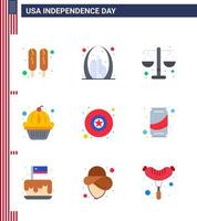 conjunto de 9 iconos del día de los ee.uu. símbolos americanos signos del día de la independencia para los estados militares de la corte de la torta elementos de diseño del vector del día de los ee.uu. editables americanos