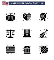 9 paquete de glifos sólidos de estados unidos de signos y símbolos del día de la independencia del sombrero elementos de diseño de vector de día de estados unidos de justicia de escala de independencia americana editable