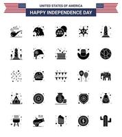 Happy Independence Day 4th July Set of 25 Solid Glyph American Pictograph of usa monument star landmark police Editable USA Day Vector Design Elements