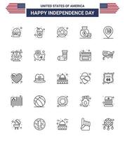 Stock Vector Icon Pack of American Day 25 Line Signs and Symbols for location american donut money dollar Editable USA Day Vector Design Elements