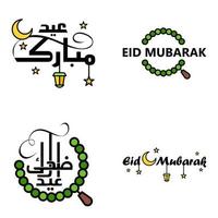 feliz eid mubarak ilustración de diseño vectorial de 4 mensajes decorativos escritos a mano sobre fondo blanco vector