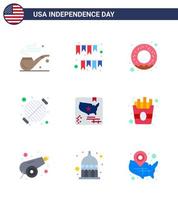feliz día de la independencia paquete de iconos de 9 pisos para web e impresión bandera fiesta donut grill barbacoa elementos de diseño vectorial editables del día de estados unidos vector