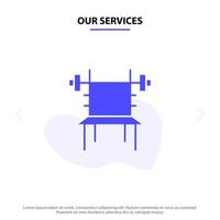 nuestros servicios equilibrar mancuernas fitness gimnasio máquina icono de glifo sólido plantilla de tarjeta web vector