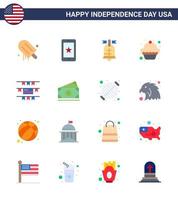 USA Happy Independence DayPictogram Set of 16 Simple Flats of american buntings ball muffin cake Editable USA Day Vector Design Elements